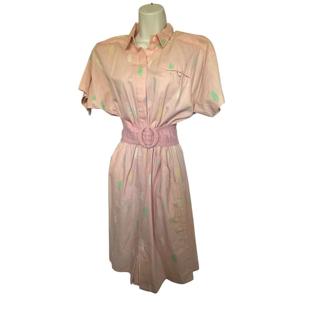 Christina Grant Vintage Pastel Shoulder Pad Button Up Dress & Belt Women’s S/M